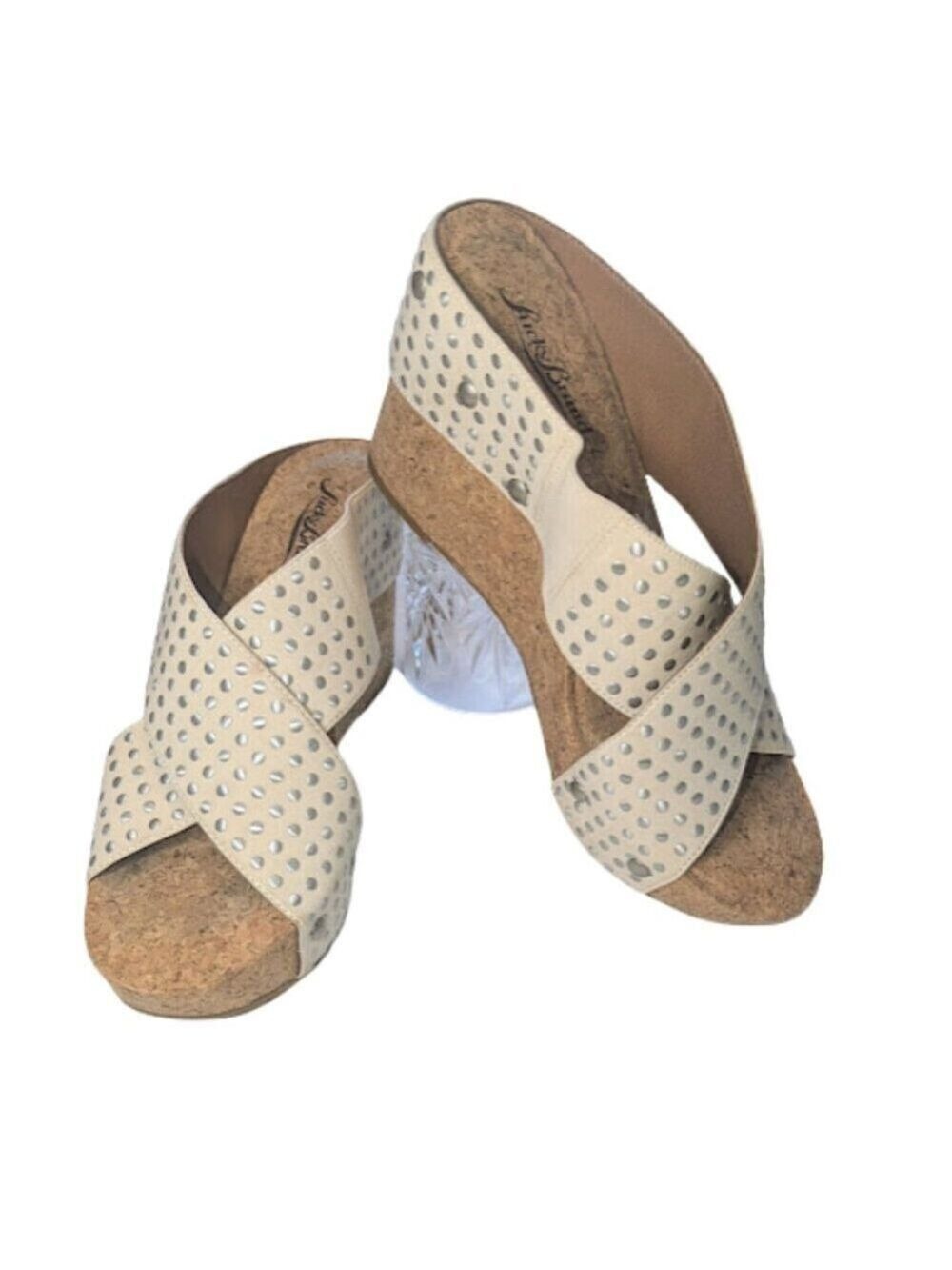 Lucky Brand Miller/MyKayla Studded Cork Wedge Sandals Beige Crisscross *SZ 7.5